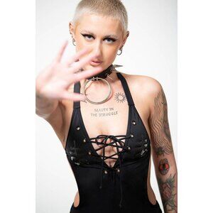 Killstar ✦ Lita One-Piece Suit ✦ Black-on-Black Cross Lace-Up Cut-Out Rare Sz M